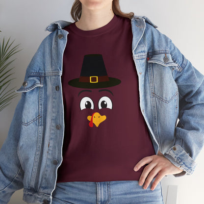 Thanksgiving Funny, Cute Turkey Face, Holiday Hat T-shirt-Unisex Heavy Cotton Tee