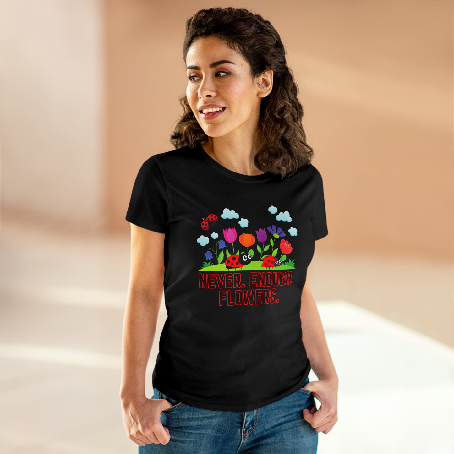 Nature, Plants, Never Enough Flowers Ladybug Bug- Adult, Semi-fitted, T-shirts
