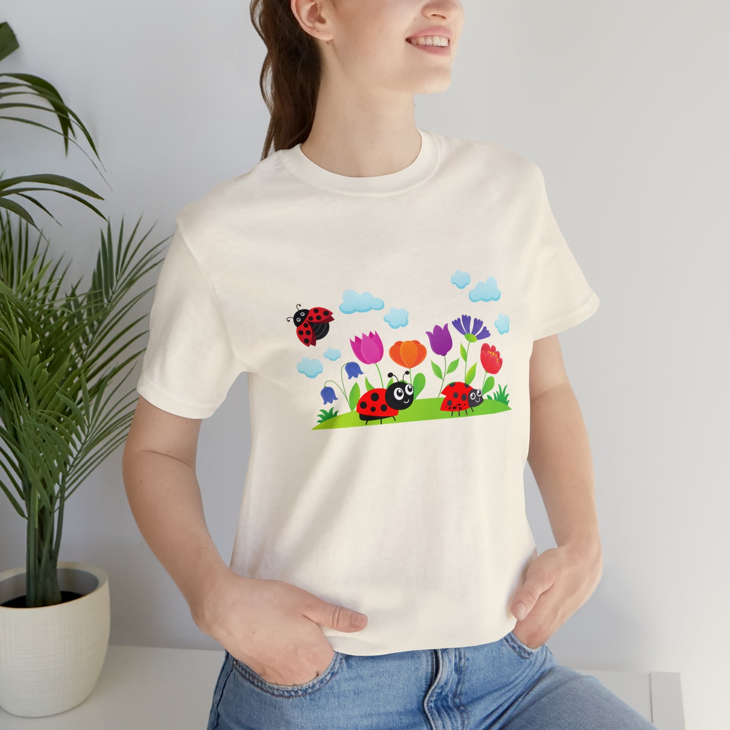 Nature, Plants, Flowers, No words, Ladybug Bugs- Adult, Regular Fit, Soft Cotton, T-shirt