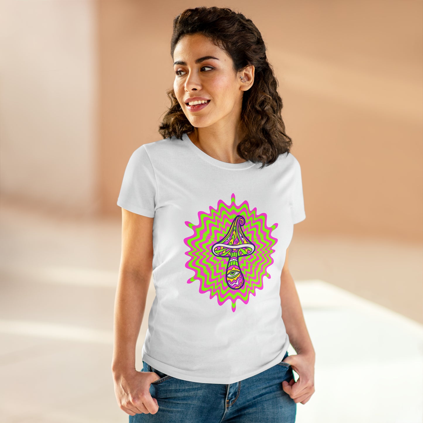 Colorful, Retro Mushrooms- Adult, Semi-fitted, Smaller Size Image, T-shirt