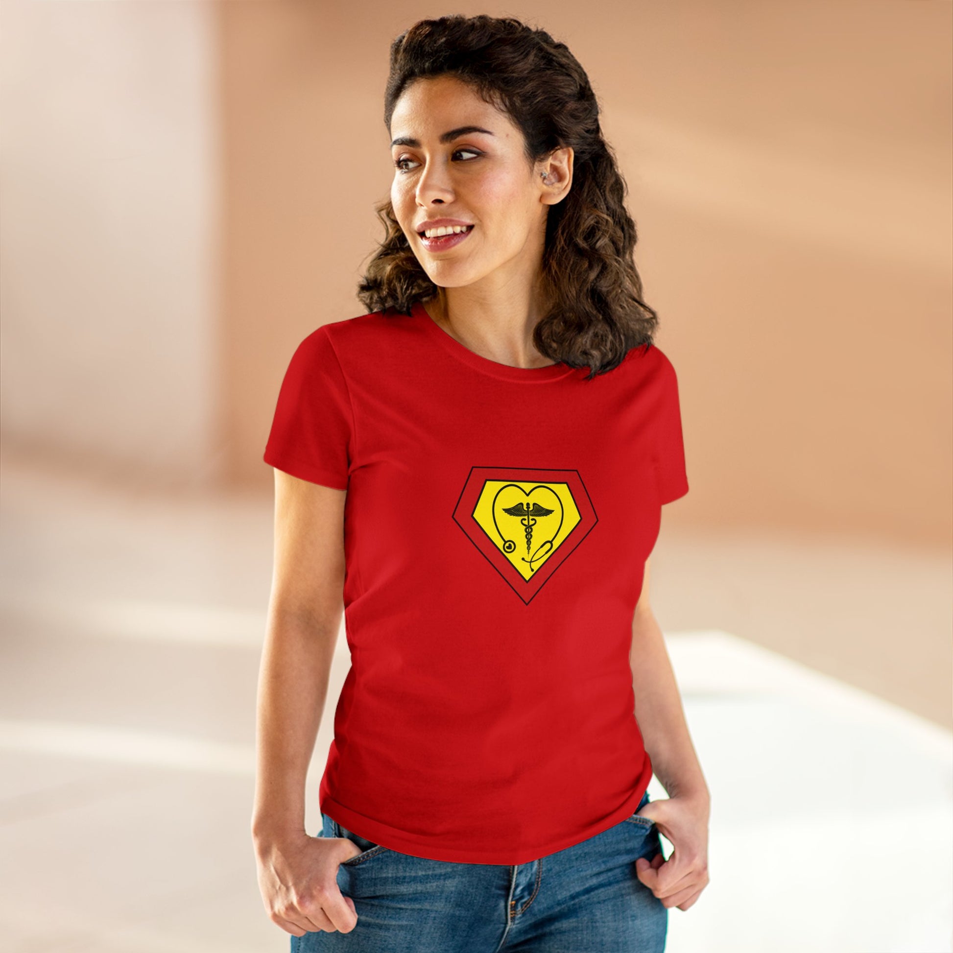 Occupation, Medical Worker. Woman wearing a superhero style medical symbol on a t-shirt.