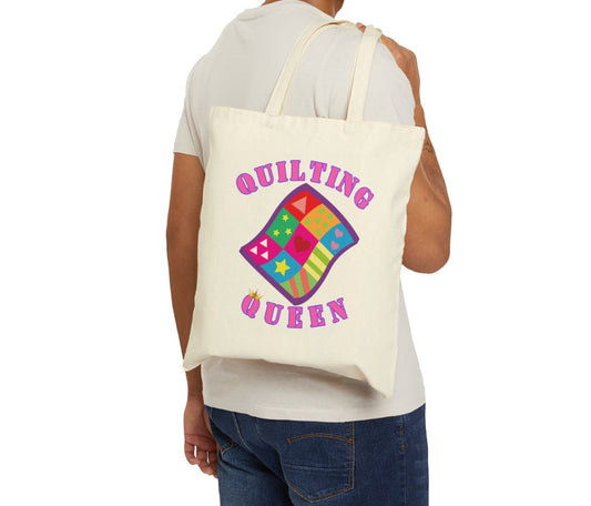 Quilting queen canvas bag with quilt image and crown over the Q in quilt.