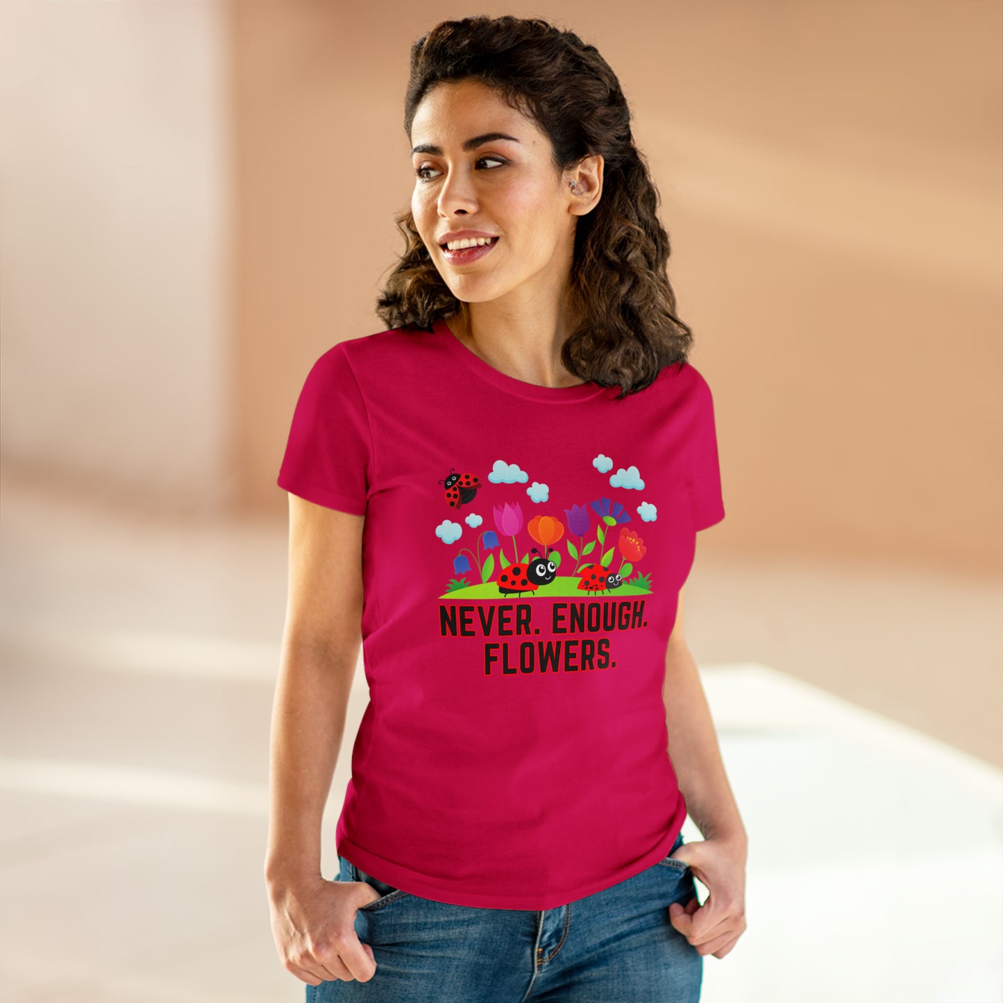 Nature, Plants, Never Enough Flowers Ladybug Bug- Adult, Semi-fitted, T-shirts