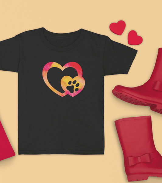 Animals, Dogs Clothing. T-shirt with jacket and boots. The dog t-shirt has a red and orange heart with a dog paw.