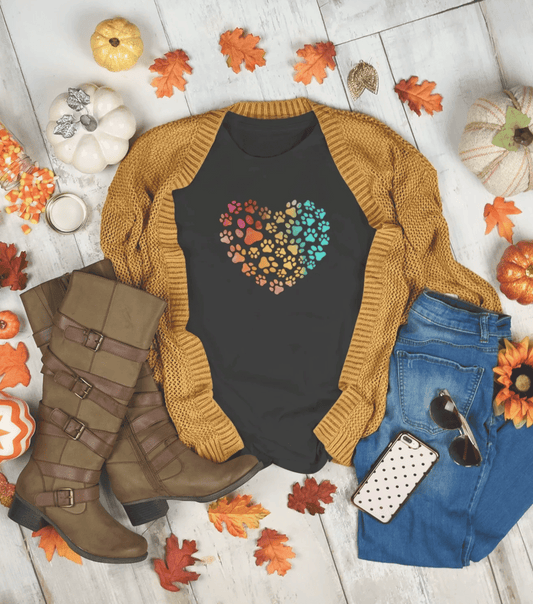 Dog, Animal, Clothing. Fall_ brown_ jacket, brown_ boots, with_ a_ colorful_ dog_ paw_ heart_ black_ t-shirt.