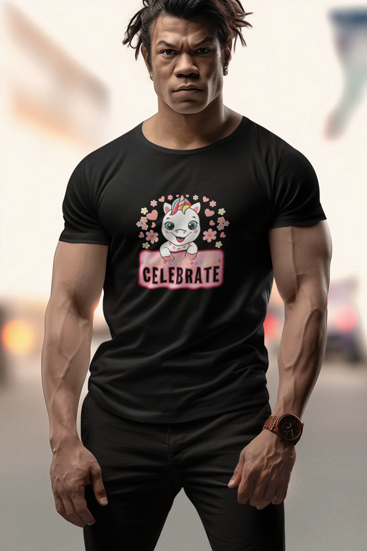 Event, Birthday. Muscular man wearing a unicorn and stars t-shirt which reads, celebrate.