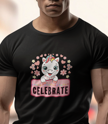 Event, Birthday. Muscular man wearing a unicorn and stars t-shirt which reads, celebrate.