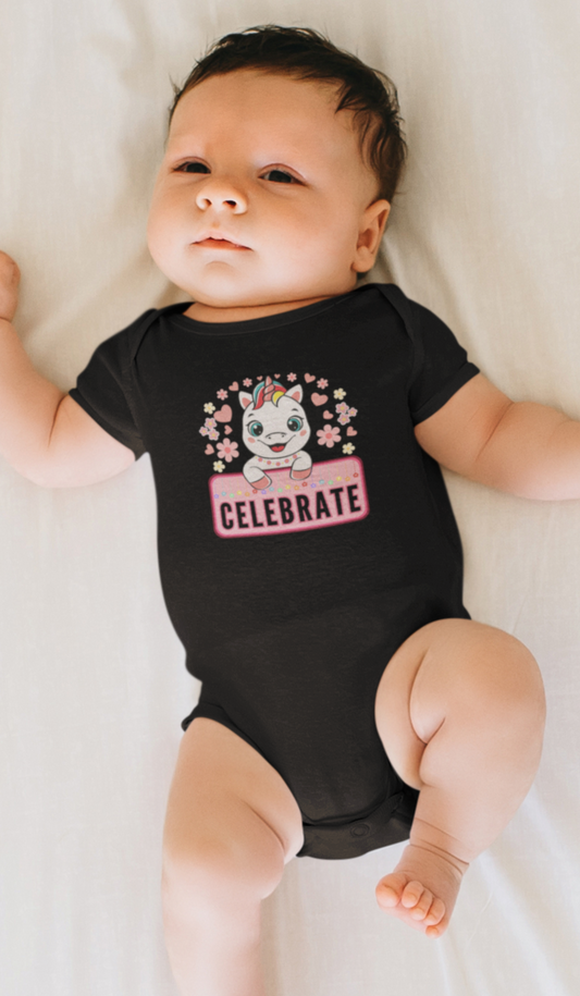 Events, Infant, Onesie. Baby wearing an event, birthday onesie with a unicorn and stars and reads, Celebrate.