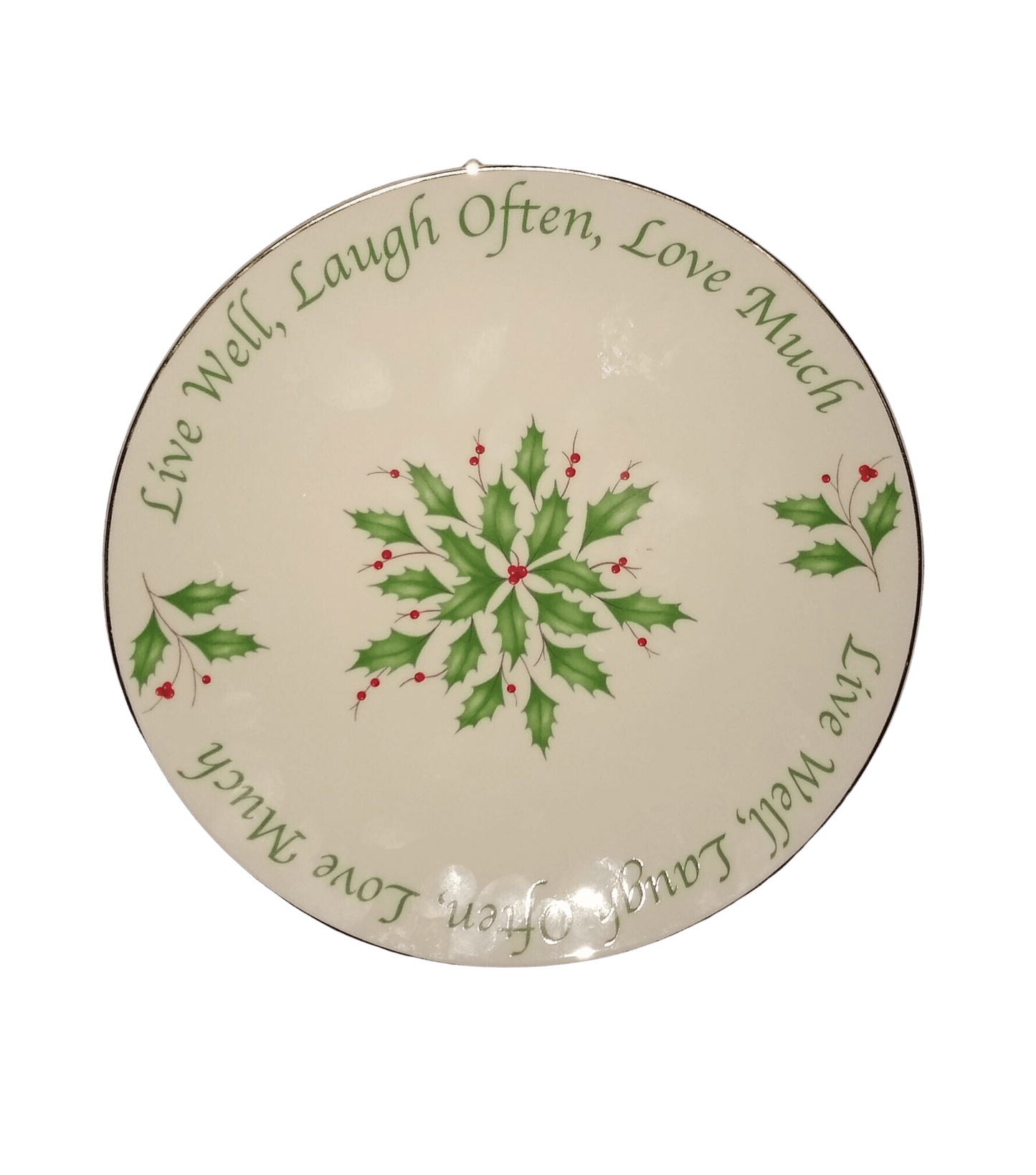 Lenox Christmas Holiday Plate With Green Holly And Red Berries. Live Well, Laugh Often, Love Much. 1970's.