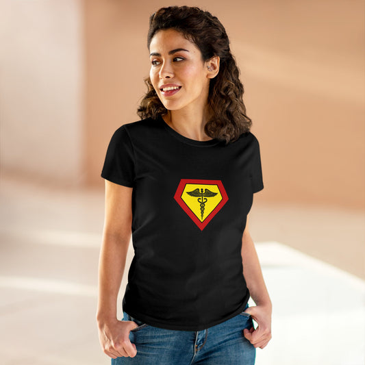 Occupation, Medical Worker. Woman wearing a superhero style medical symbol on a t-shirt.