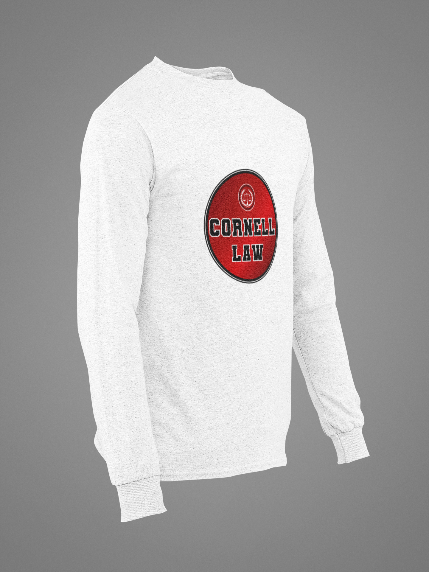 Red Circle Emblem, Cornell Law Long Sleeve T-shirt With Law School Scales of Justice Emblem in Red