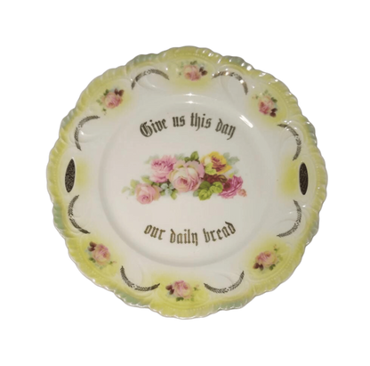 Vintage Bavarian German plate. Give Us This Day Our Daily Bread vintage gold floral rose plate. Thanksgiving holiday formal china decorative rose flower plate.