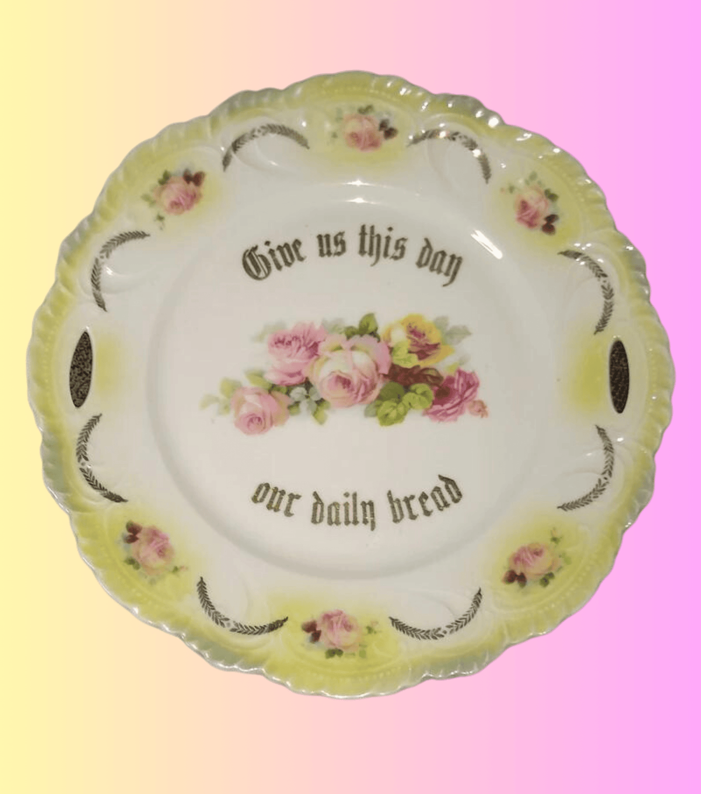 Vintage Bavarian German plate. Give Us This Day Our Daily Bread vintage gold floral rose plate. Thanksgiving holiday formal china decorative rose flower plate.