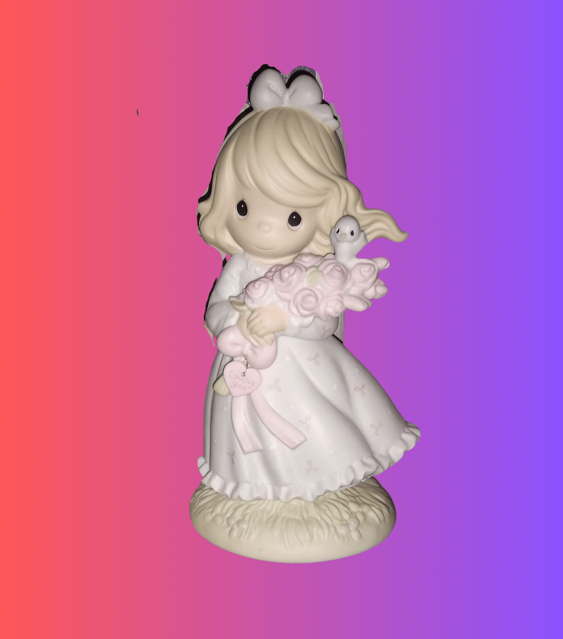  Vintage Precious Moments Figurine of A Girl Holding Roses With A Blue Bird Sitting On The Top Flower. You Are My Happiness By Enesco 1991, Last Forever collection.  