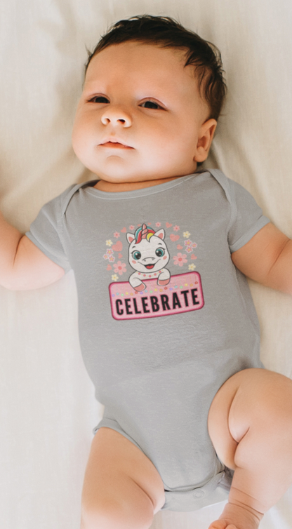 Events, Infant, Onesie. Baby wearing an event, birthday onesie with a unicorn and stars and reads, Celebrate.
