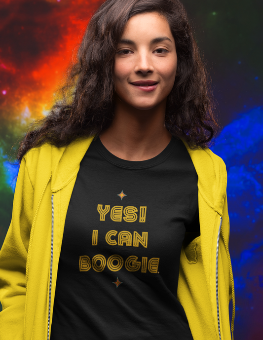 Dance, I Can Boogie, Retro Disco Dance, Words- Adult, Regular Fit, Soft Cotton, Smaller Size Image, T-shirt
