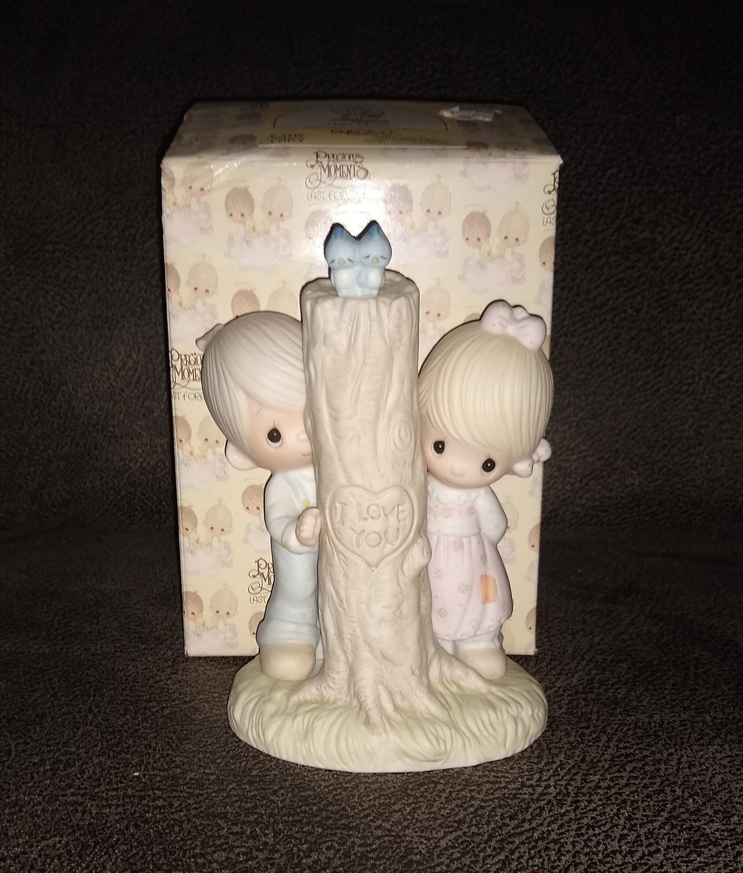 Vintage Precious Moments Figurine Of A Boy And Girl And I Love You Tree Mark And Blue Birds. Thee I Love By Enesco 1979. 