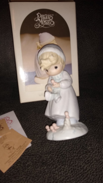 Vintage Precious Moments Figurine Of A Girl Holding A Bird, Winter's Song By Enesco 1984. 