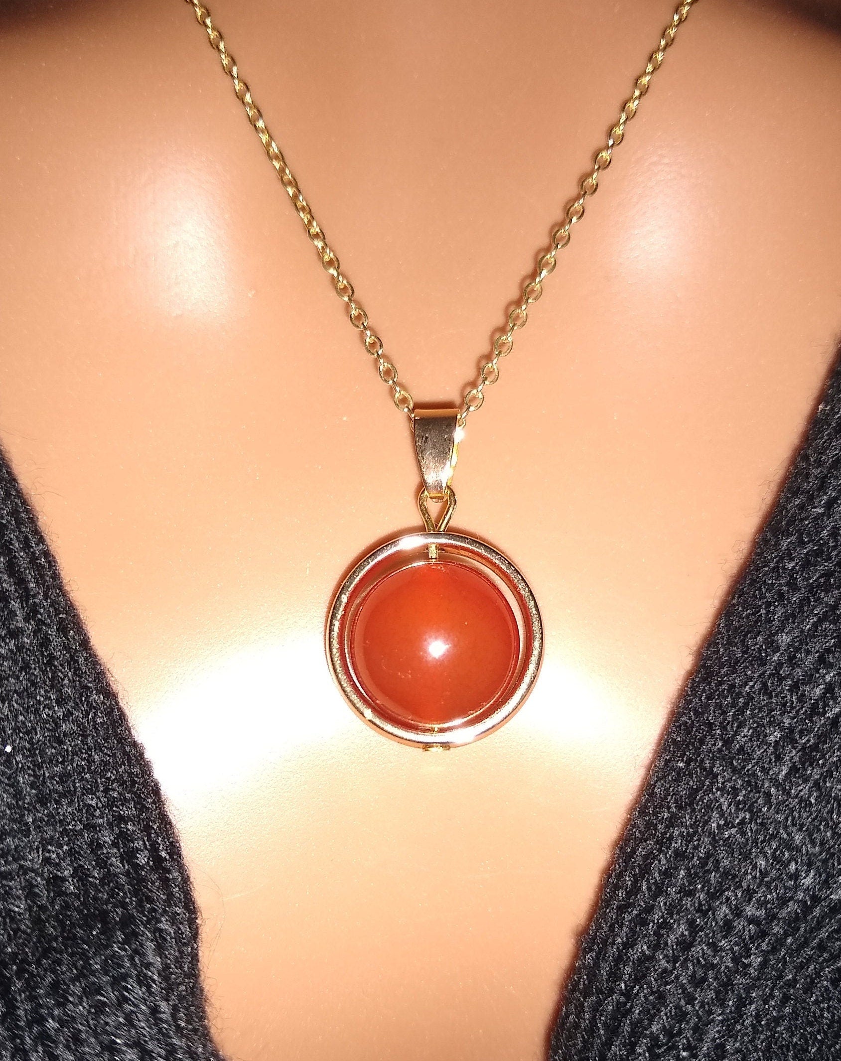 Carnelian necklace gold spinner, fidget spinner, orange sacral chakra.