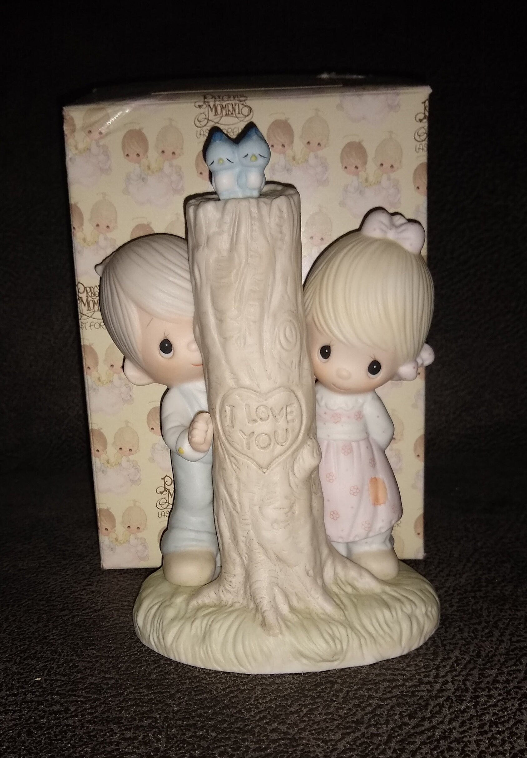 Vintage Precious Moments Figurine Of A Boy And Girl And I Love You Tree Mark And Blue Birds. Thee I Love By Enesco 1979. 