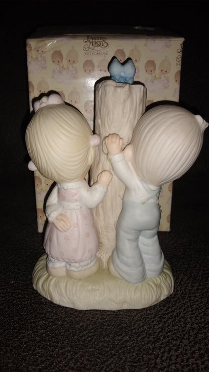 Vintage Precious Moments Back View Of Figurine Of A Boy And Girl And I Love You Tree Mark And Blue Birds. Thee I Love By Enesco 1979. 