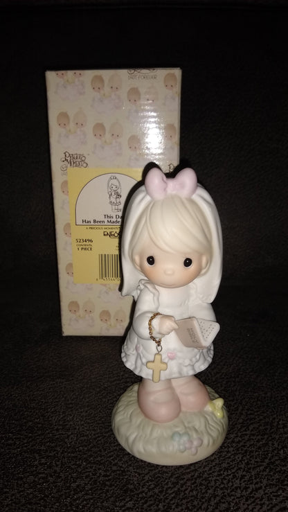 Vintage Precious Moments Figurine Of A Girl Holding A Cross And Bible, This Day Has Been Made In Heaven, Enesco 1989. 
