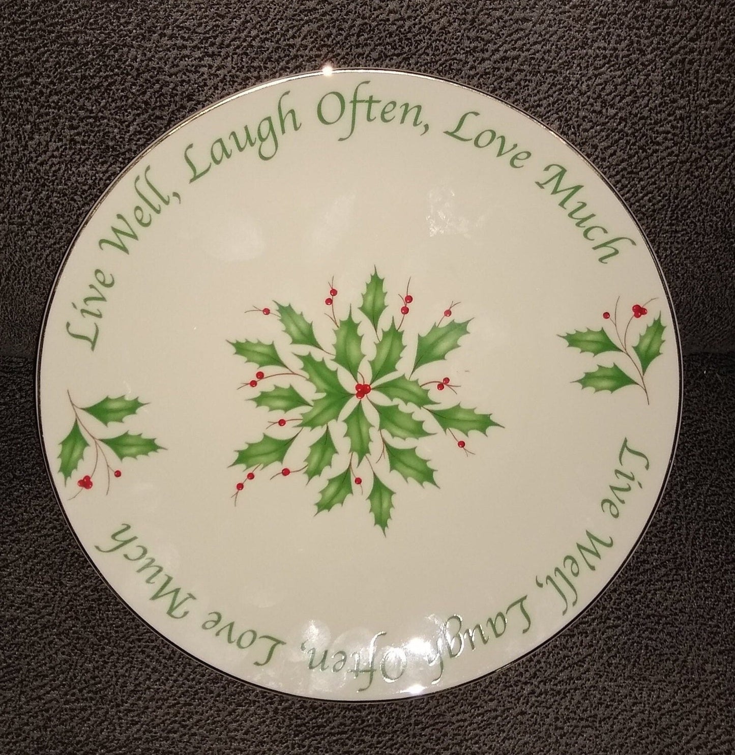 Lenox Christmas Holiday Plate With Green Holly And Red Berries. Live Well, Laugh Often, Love Much. 1970's.