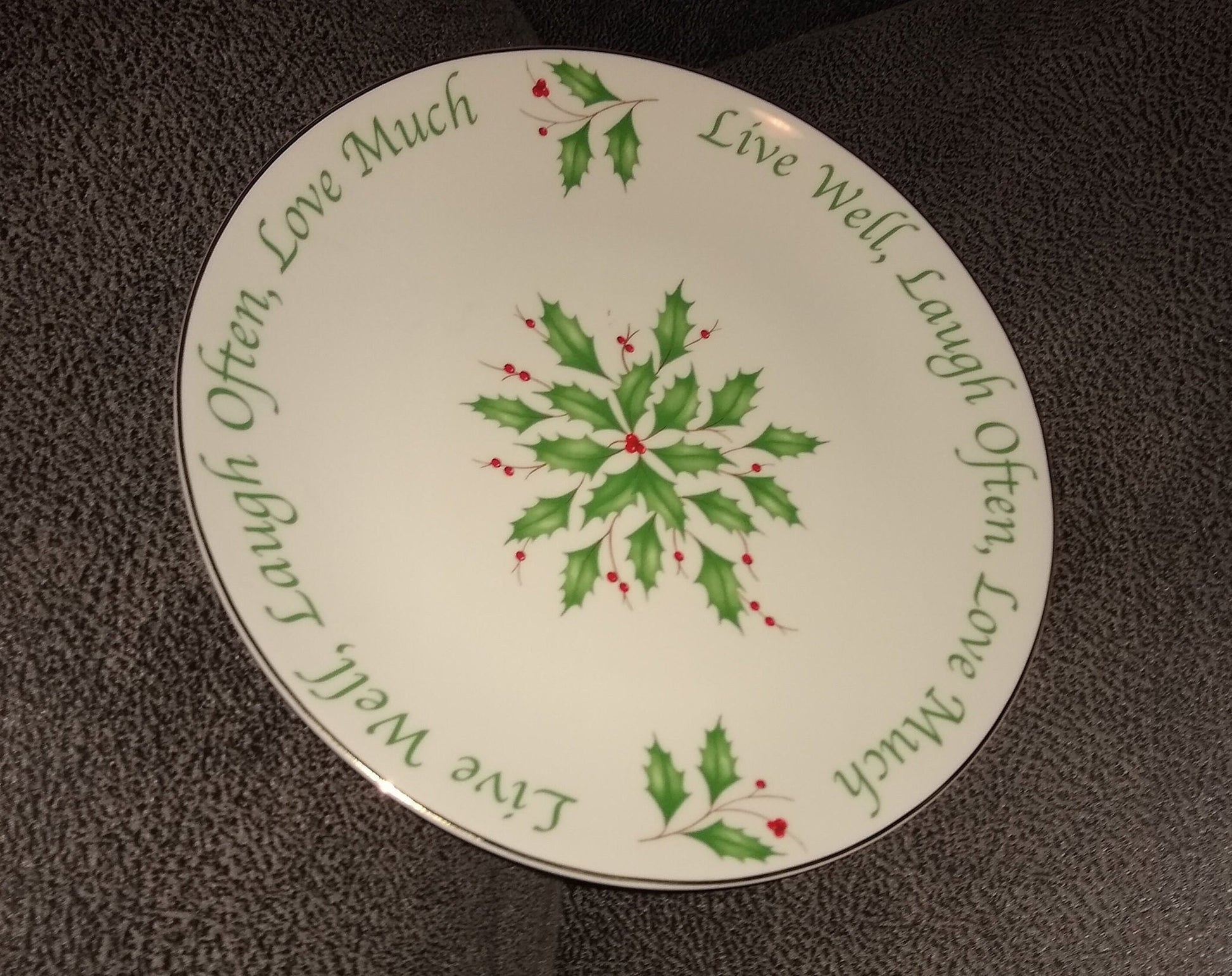 Lenox Christmas Holiday Plate  Side Angle With Green Holly And Red Berries. Live Well, Laugh Often, Love Much. 1970's.