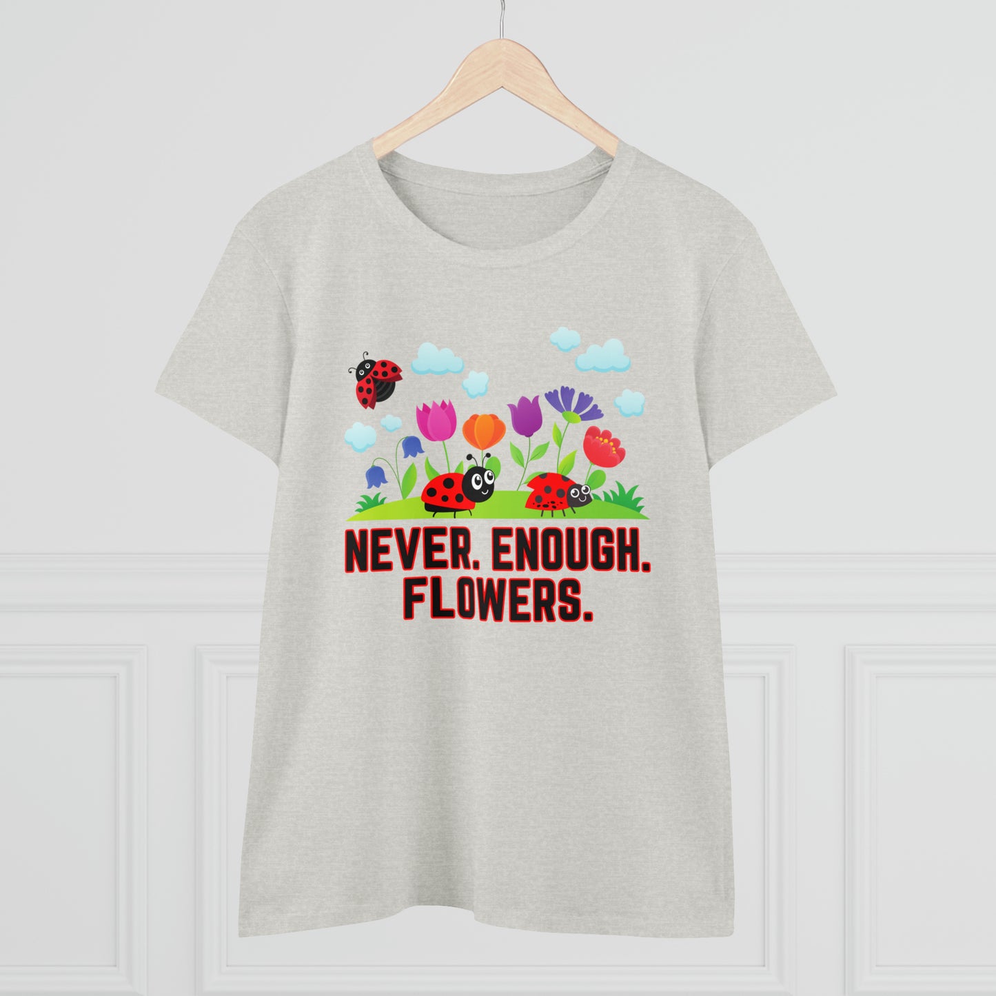 Nature, Plants, Never Enough Flowers Ladybug Bug- Adult, Semi-fitted, T-shirts