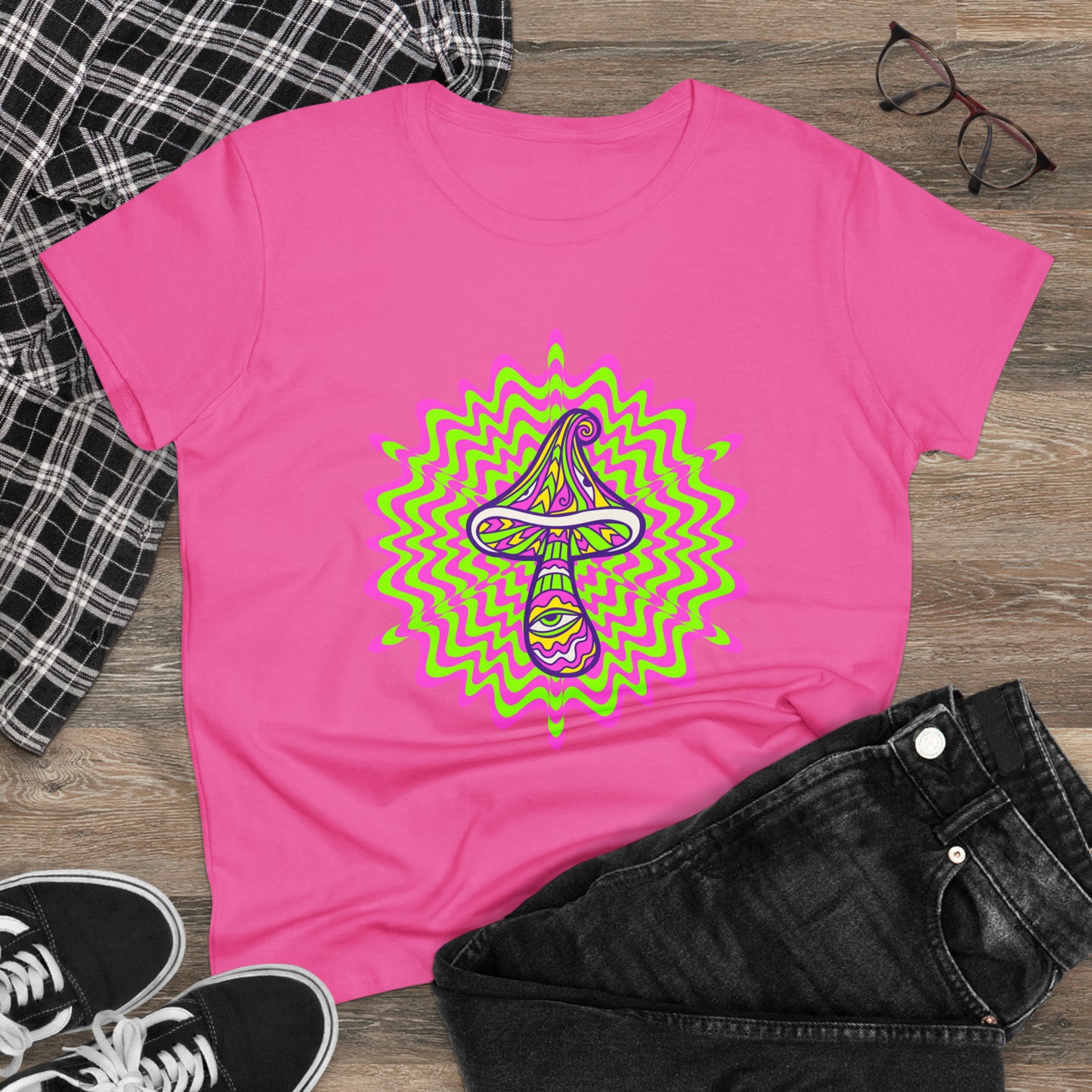 Colorful, Retro Mushrooms- Adult, Semi-fitted, Smaller Size Image, T-shirt