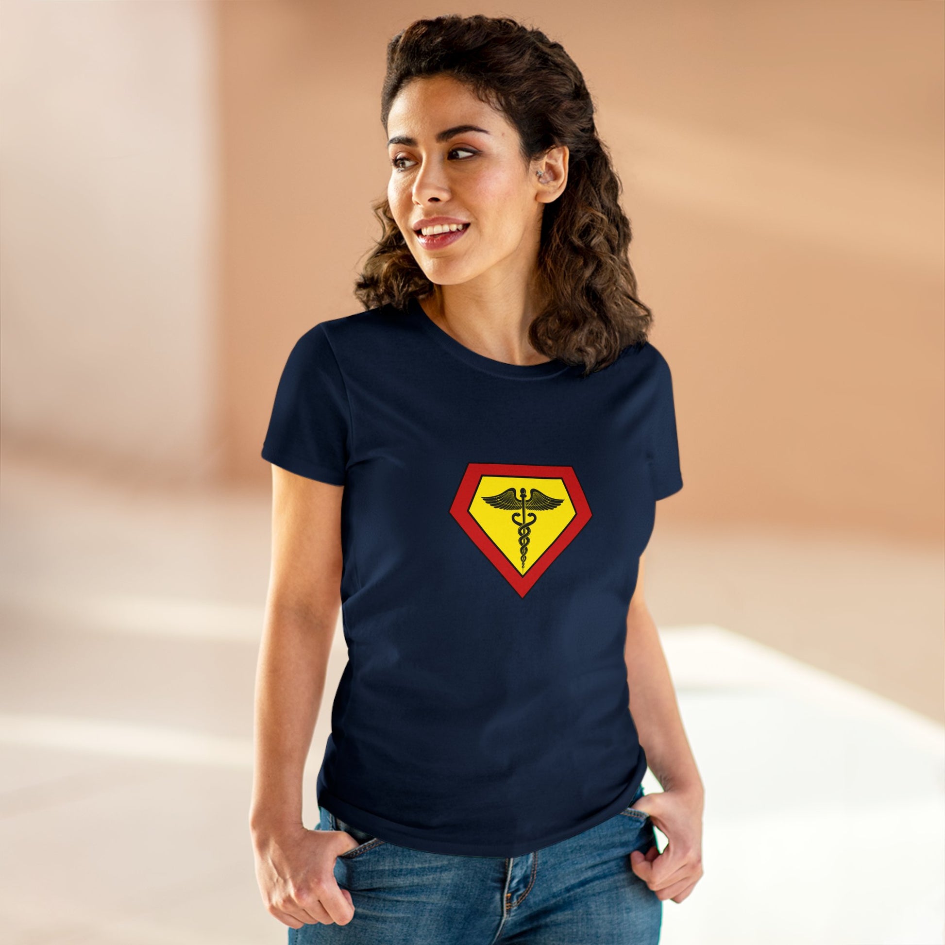Occupation, Medical Worker. Woman wearing a superhero style medical symbol on a t-shirt.
