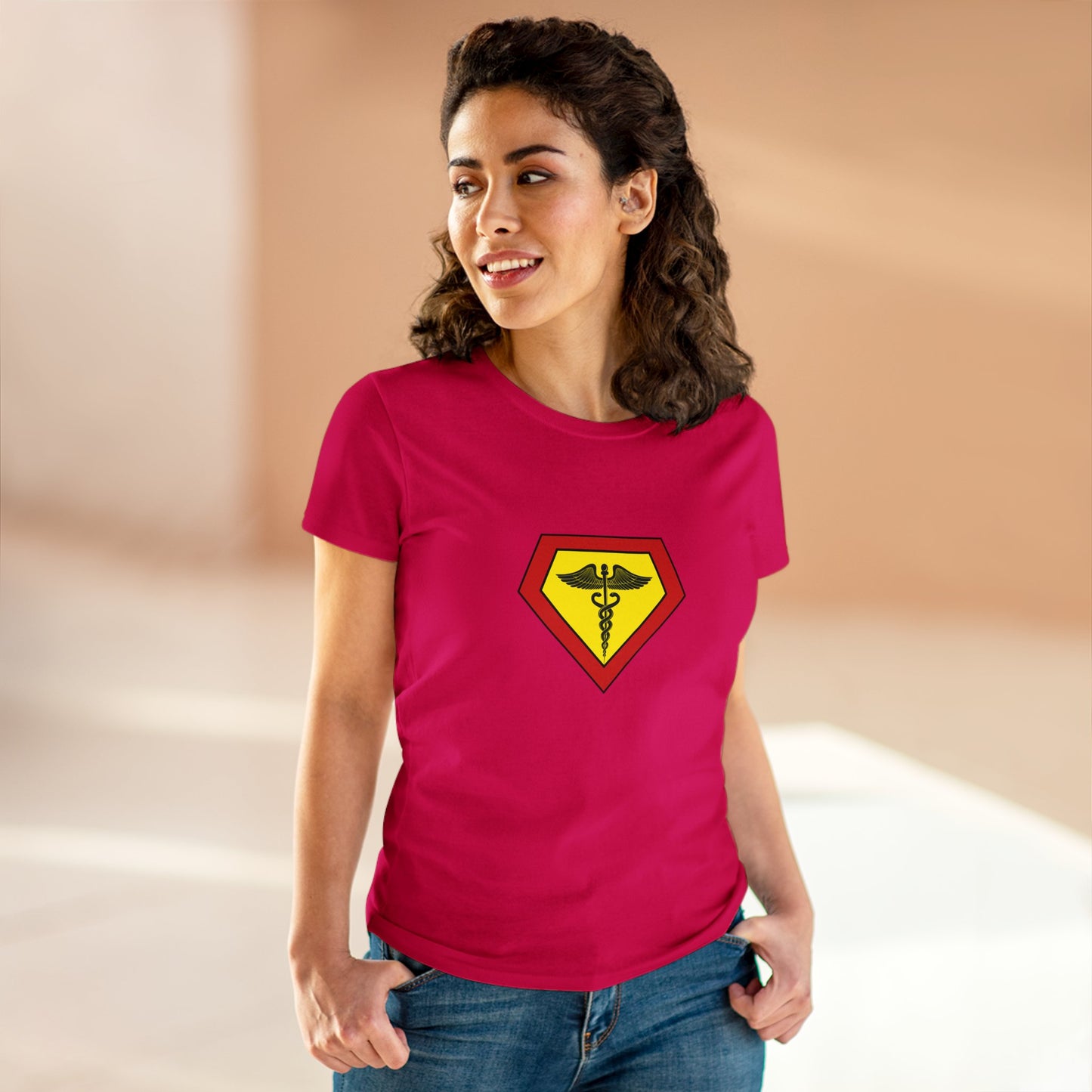 Occupation, Medical Worker. Woman wearing a superhero style medical symbol on a t-shirt.