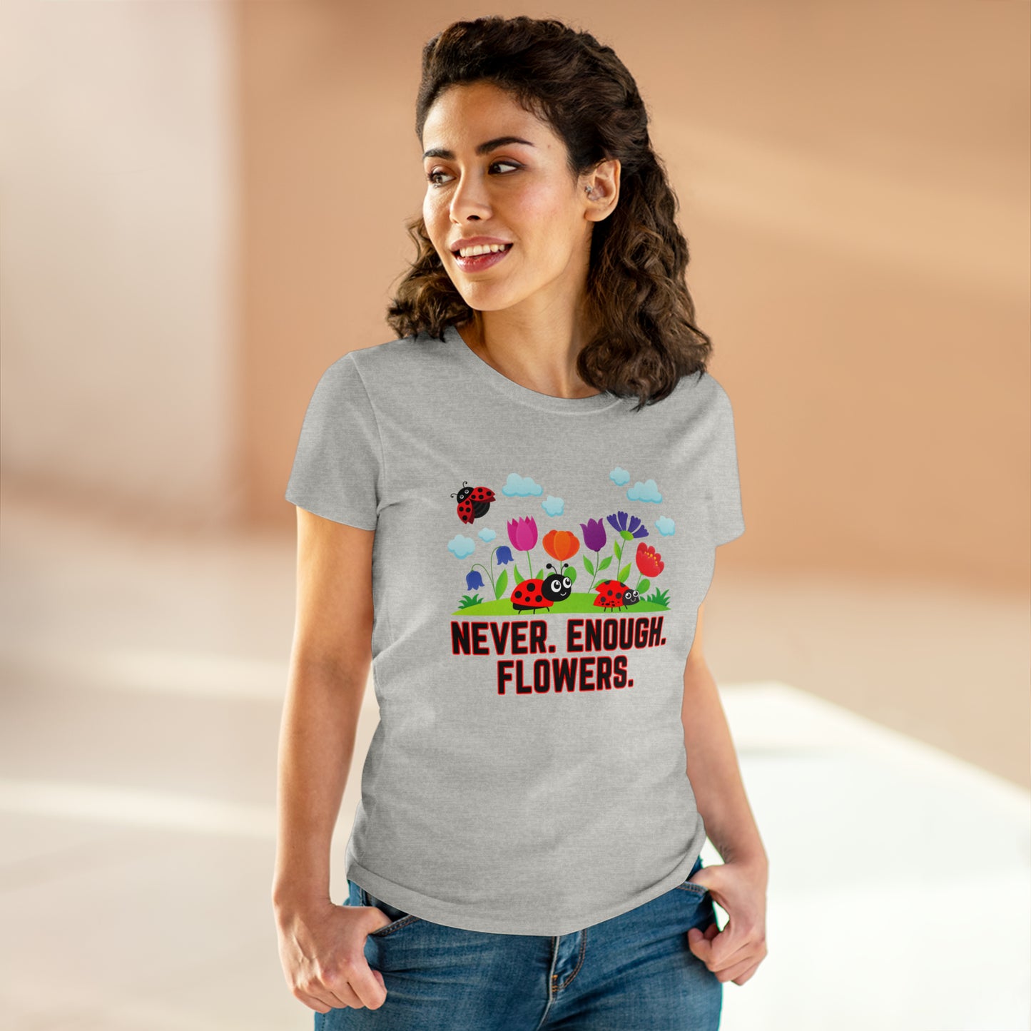 Nature, Plants, Never Enough Flowers Ladybug Bug- Adult, Semi-fitted, T-shirts