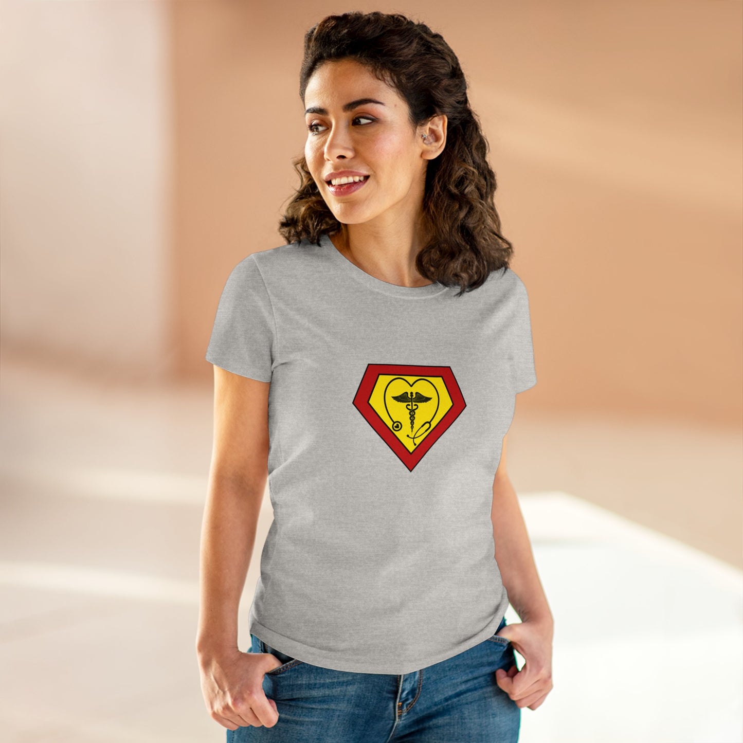 Occupation, Medical Worker. Woman wearing a superhero style medical symbol on a t-shirt.