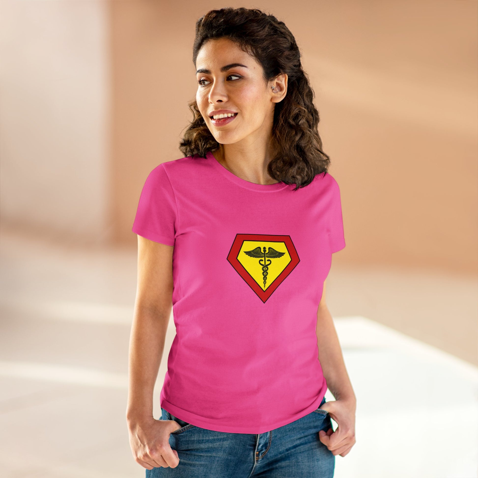 Occupation, Medical Worker. Woman wearing a superhero style medical symbol on a t-shirt.