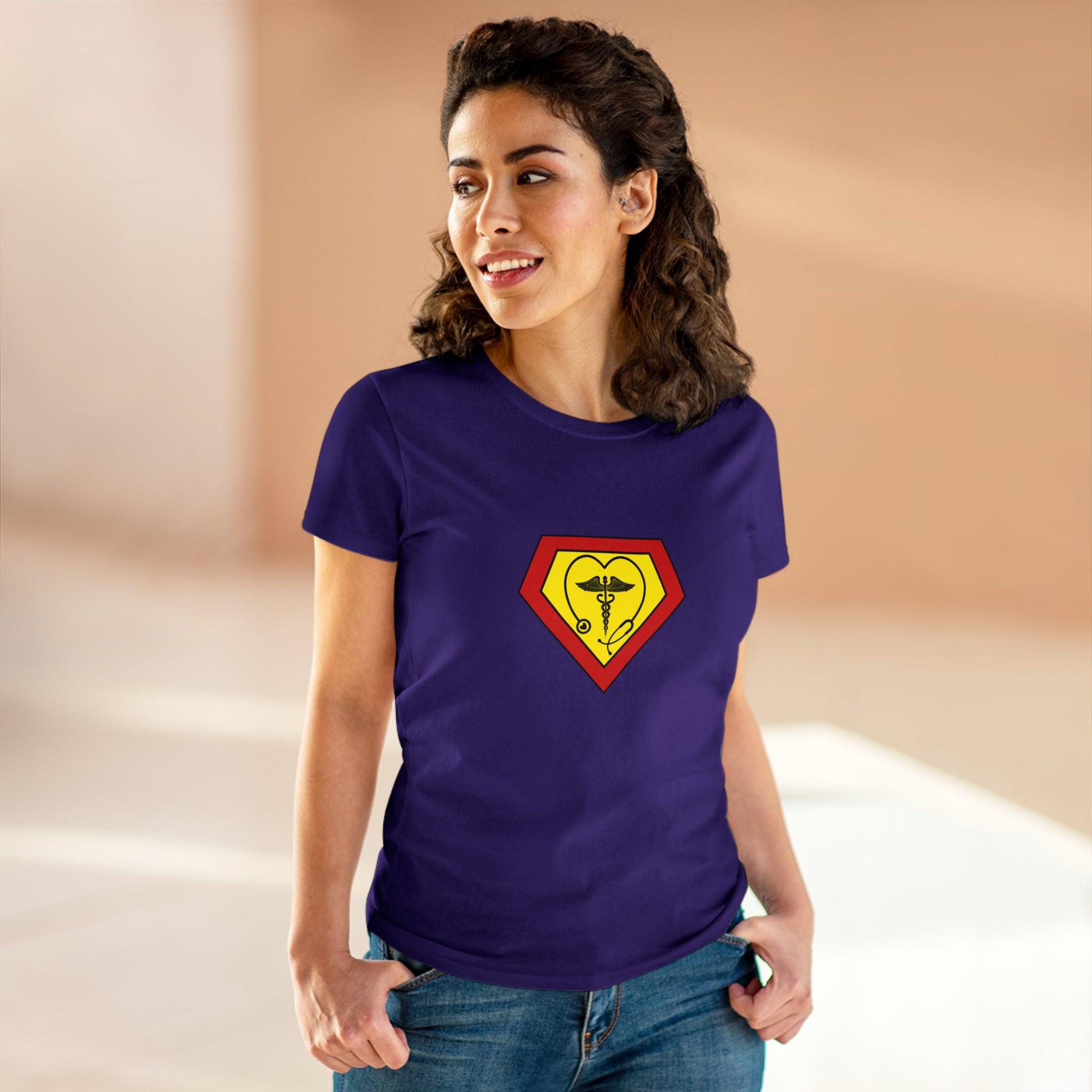 Occupation, Medical Worker. Woman wearing a superhero style medical symbol on a t-shirt.