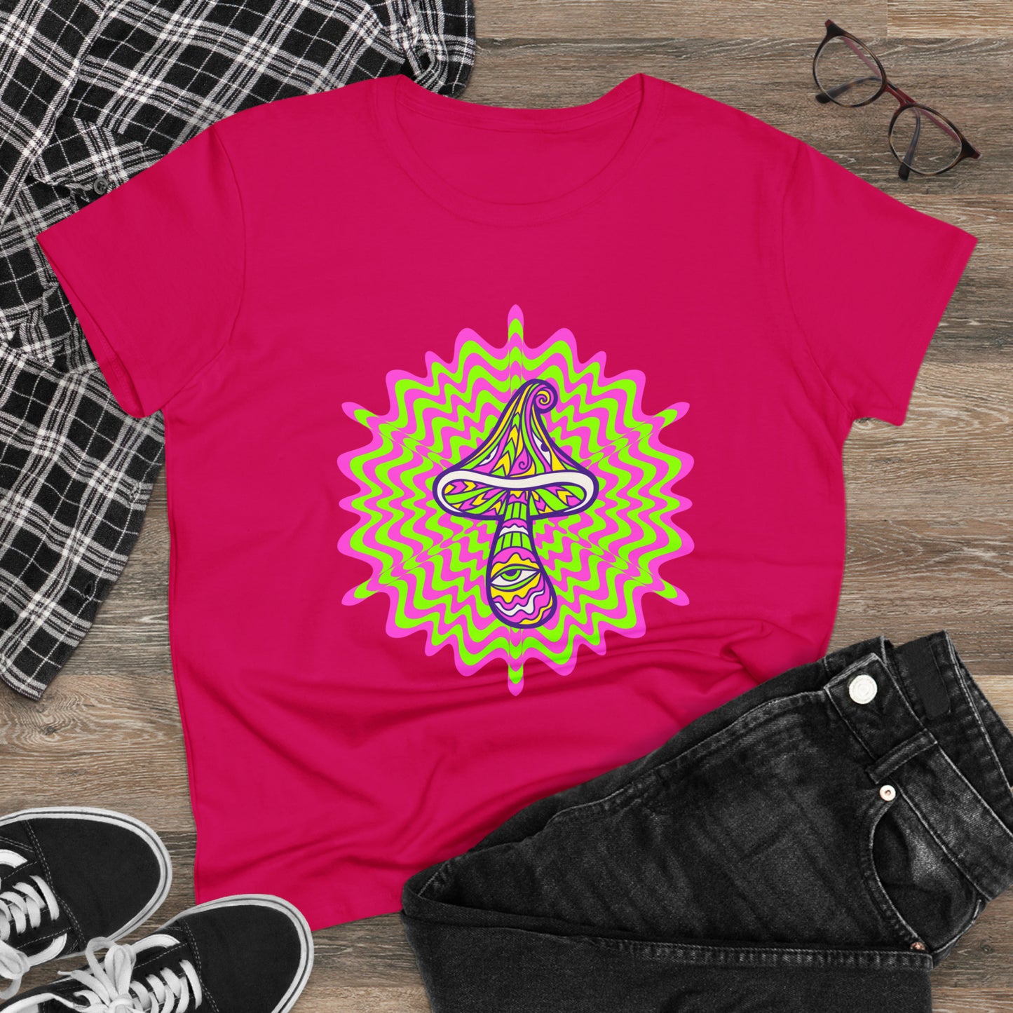 Colorful, Retro Mushrooms- Adult, Semi-fitted, Smaller Size Image, T-shirt
