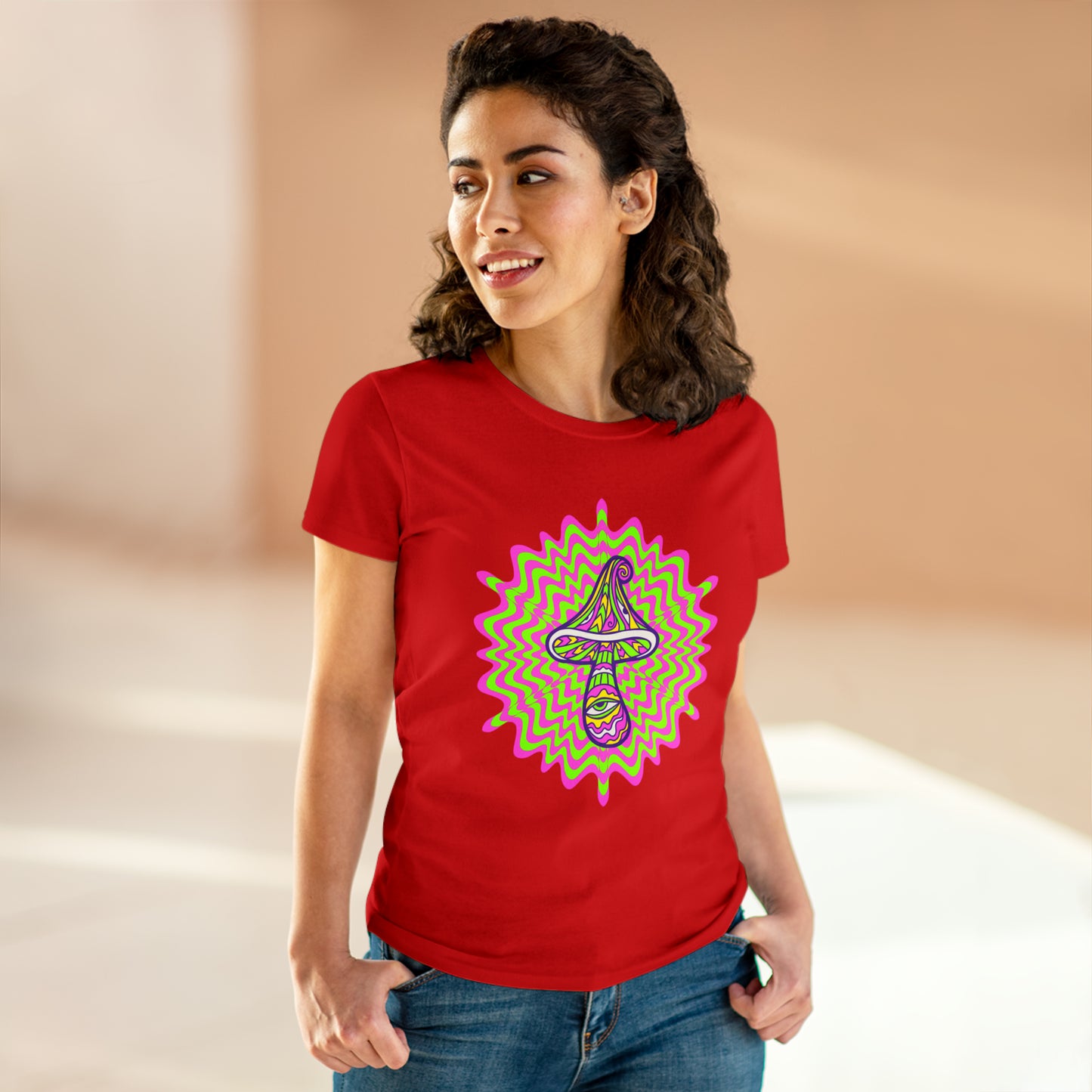 Colorful, Retro Mushrooms- Adult, Semi-fitted, Smaller Size Image, T-shirt