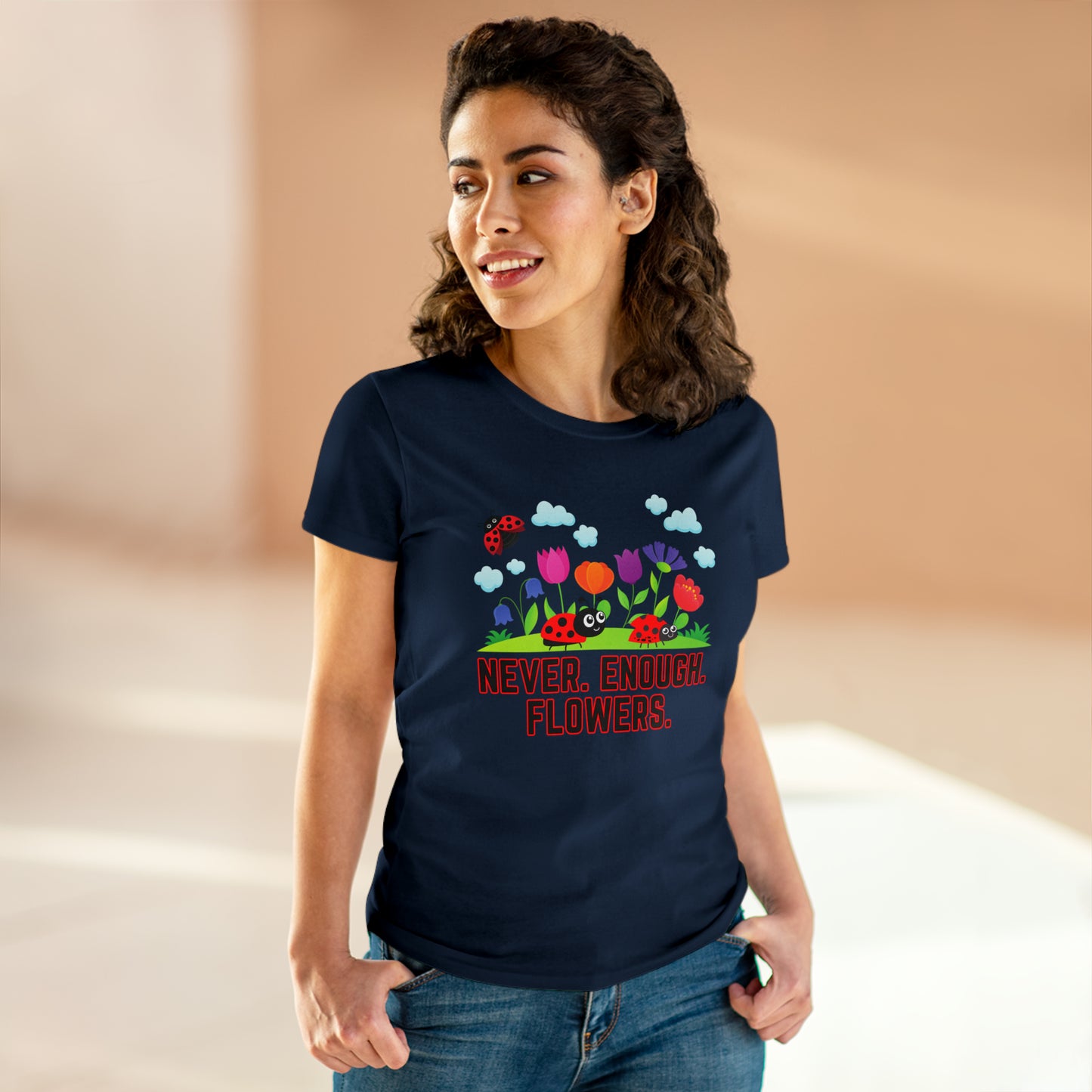 Nature, Plants, Never Enough Flowers Ladybug Bug- Adult, Semi-fitted, T-shirts