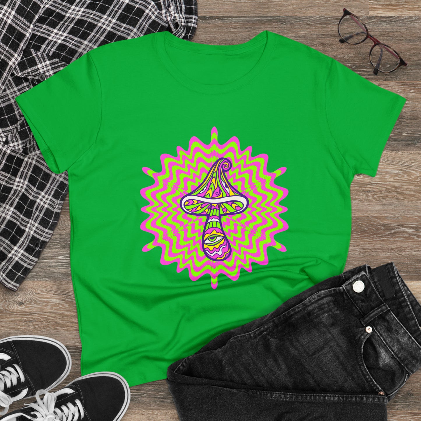 Colorful, Retro Mushrooms- Adult, Semi-fitted, Smaller Size Image, T-shirt