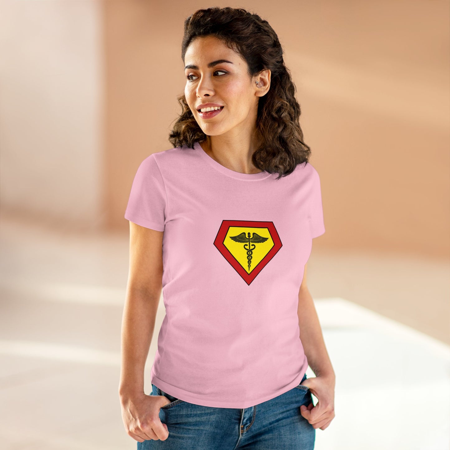 Occupation, Medical Worker. Woman wearing a superhero style medical symbol on a t-shirt.