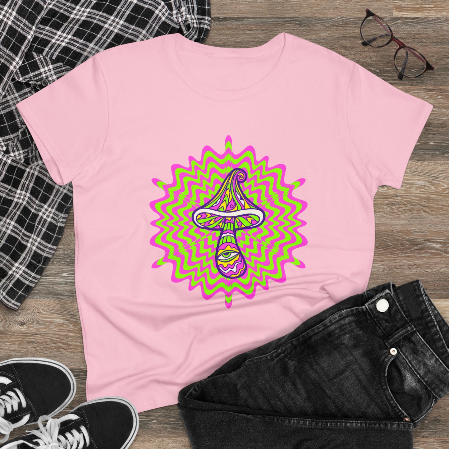 Colorful, Retro Mushrooms- Adult, Semi-fitted, Smaller Size Image, T-shirt