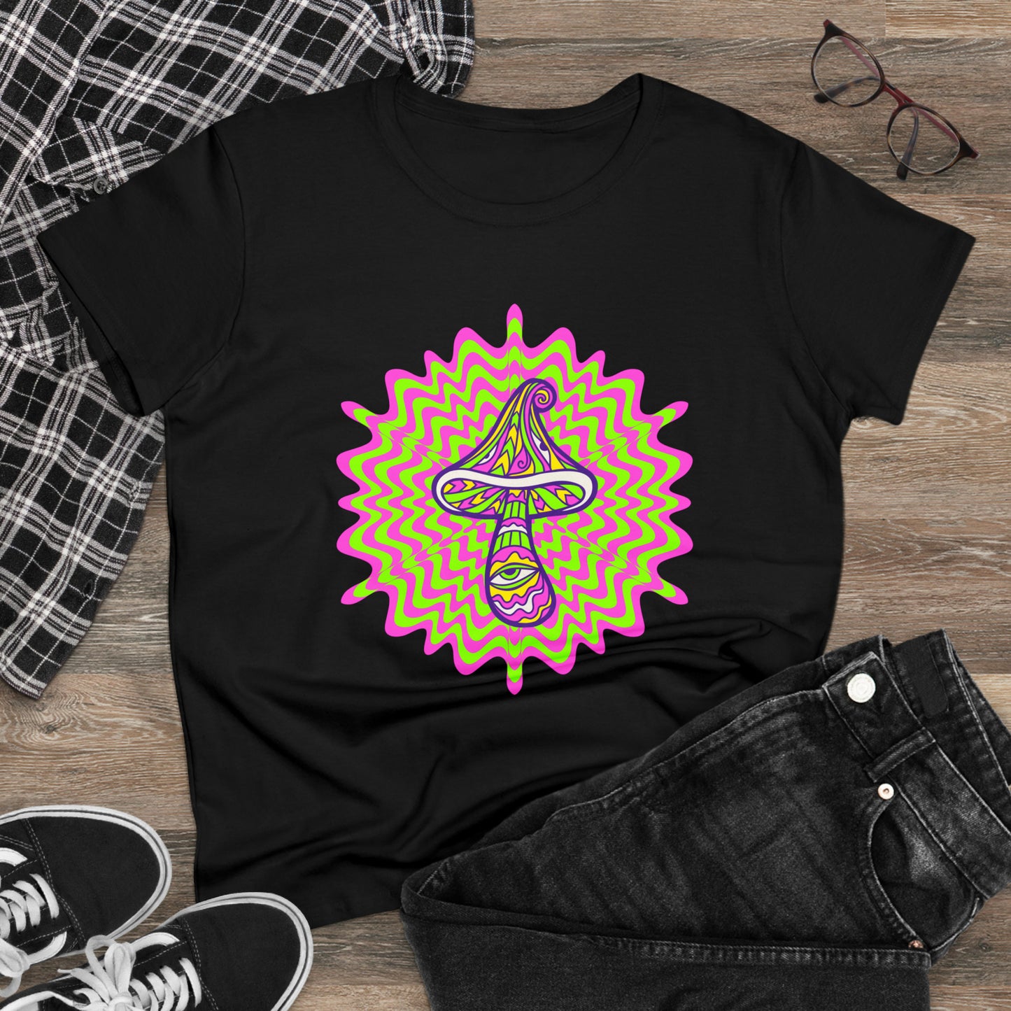 Colorful, Retro Mushrooms- Adult, Semi-fitted, Smaller Size Image, T-shirt
