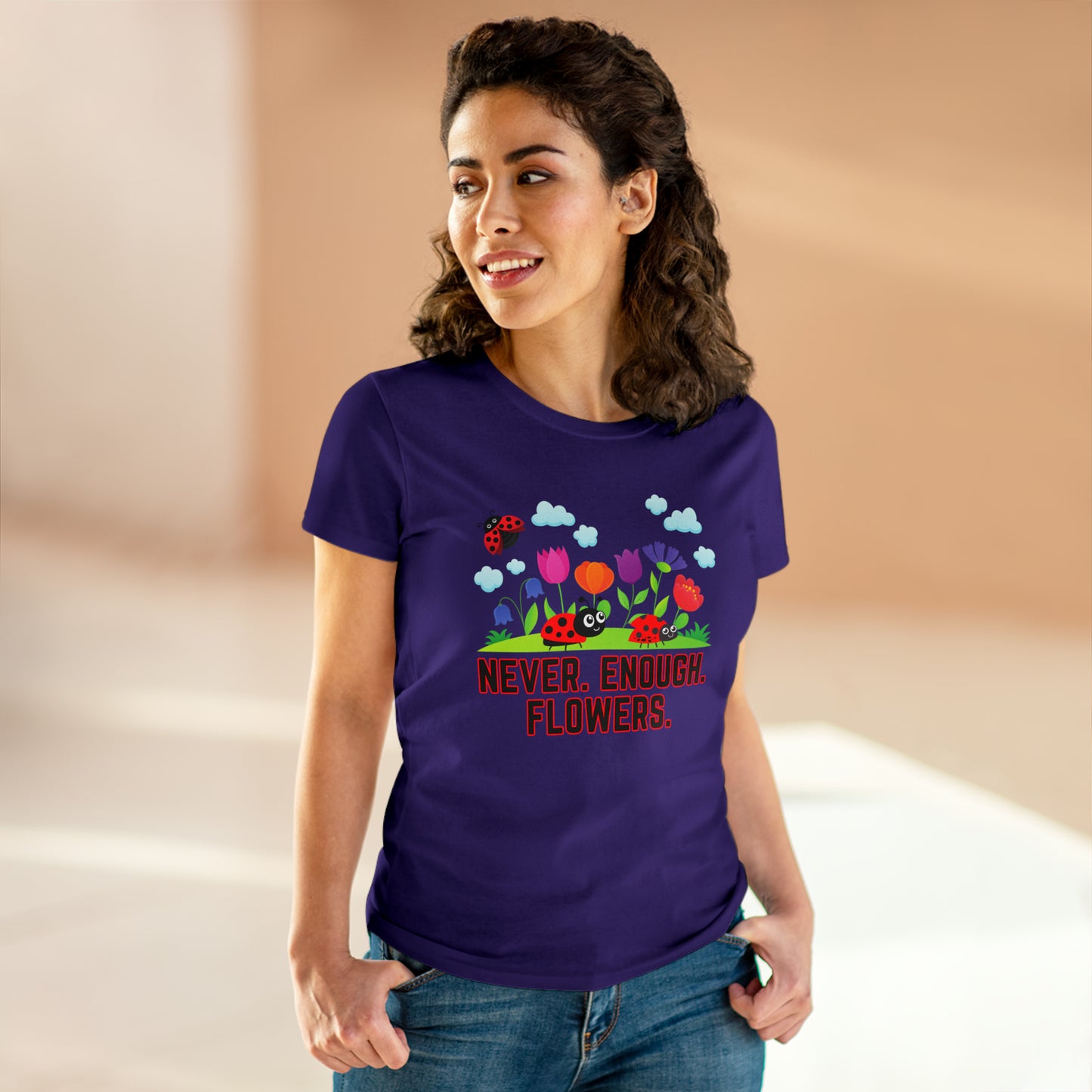 Nature, Plants, Never Enough Flowers Ladybug Bug- Adult, Semi-fitted, T-shirts