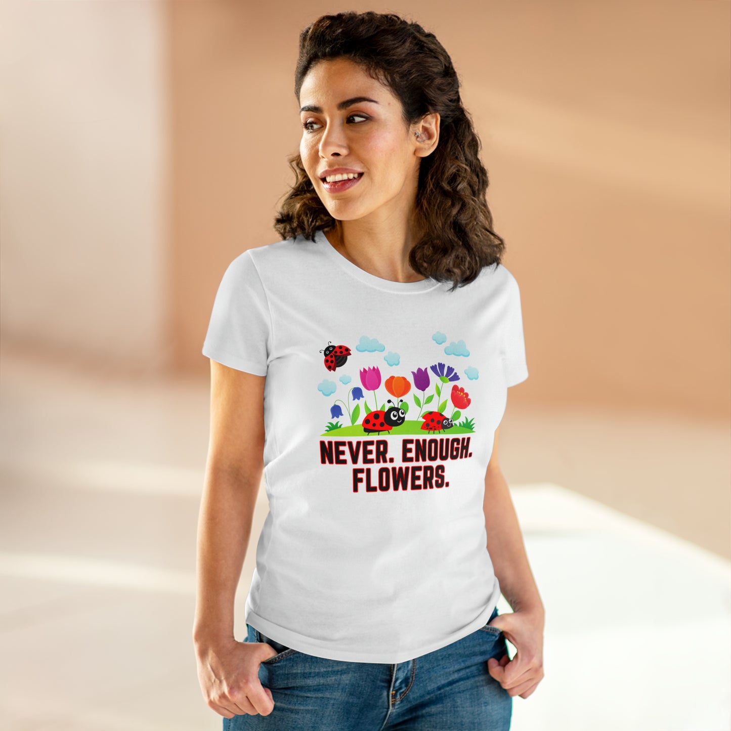 Nature, Plants, Never Enough Flowers Ladybug Bug- Adult, Semi-fitted, T-shirts