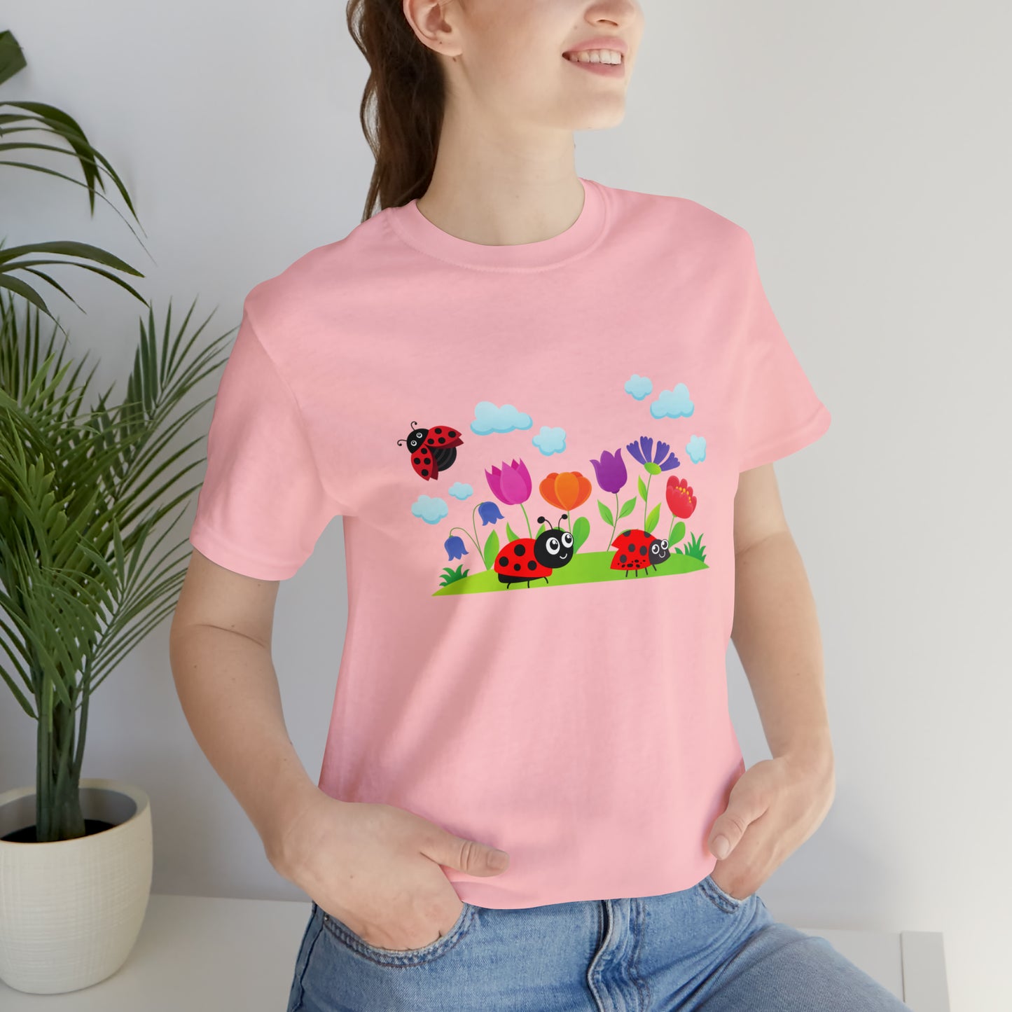 Nature, Plants, Flowers, No words, Ladybug Bugs- Adult, Regular Fit, Soft Cotton, T-shirt