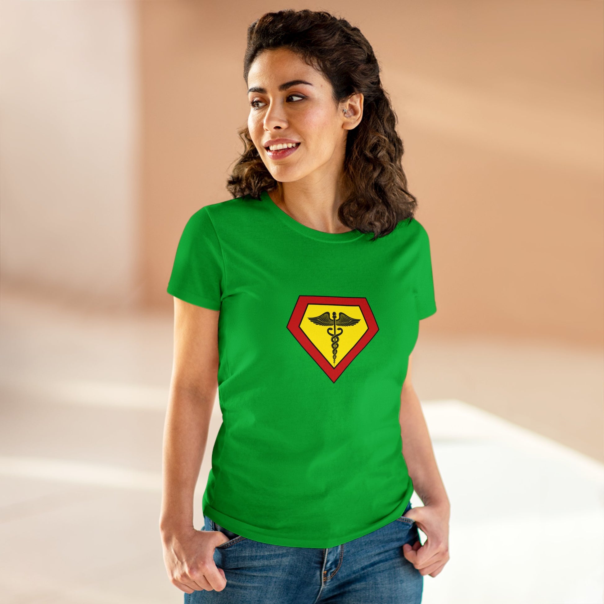 Occupation, Medical Worker. Woman wearing a superhero style medical symbol on a t-shirt.