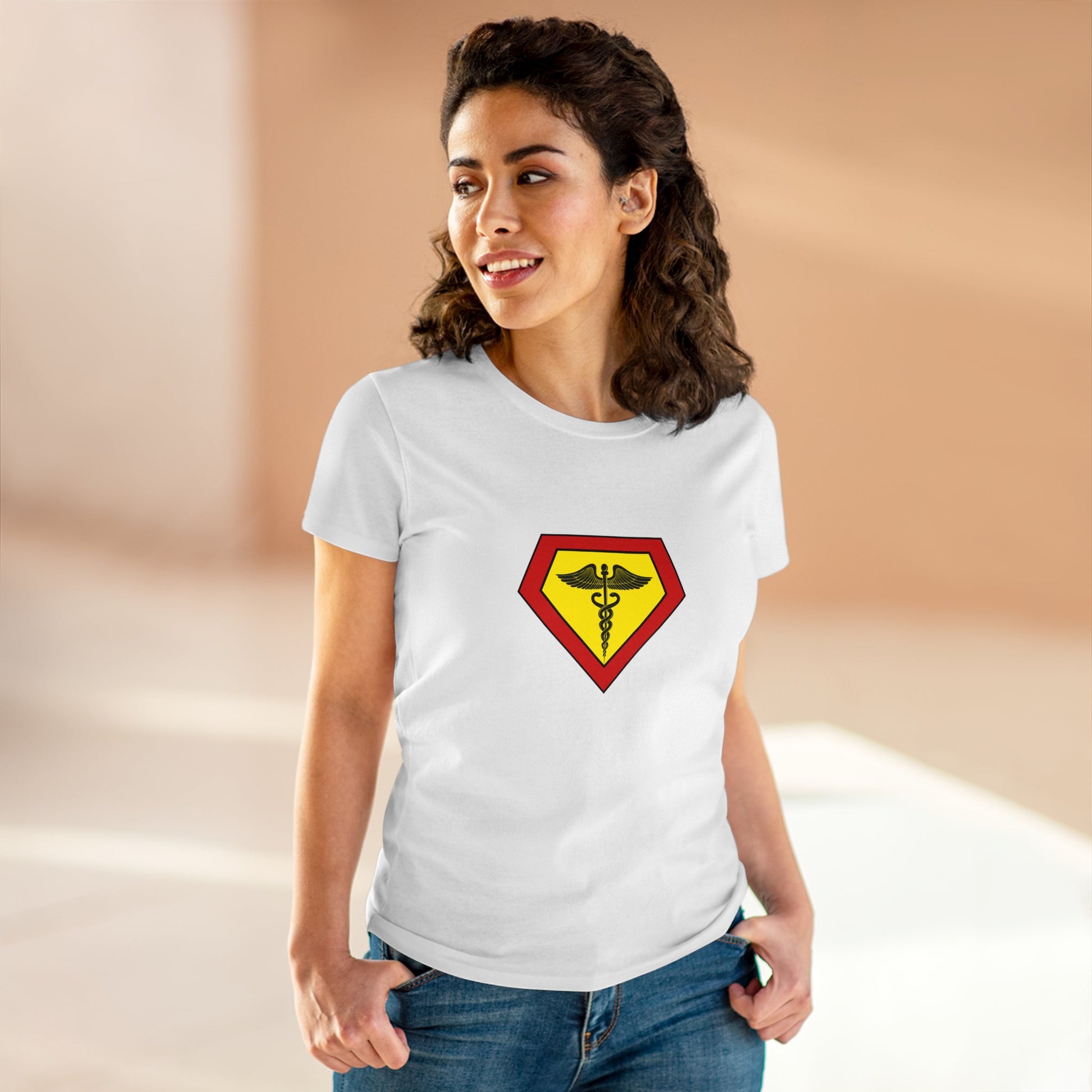 Occupation, Medical Worker. Woman wearing a superhero style medical symbol on a t-shirt.