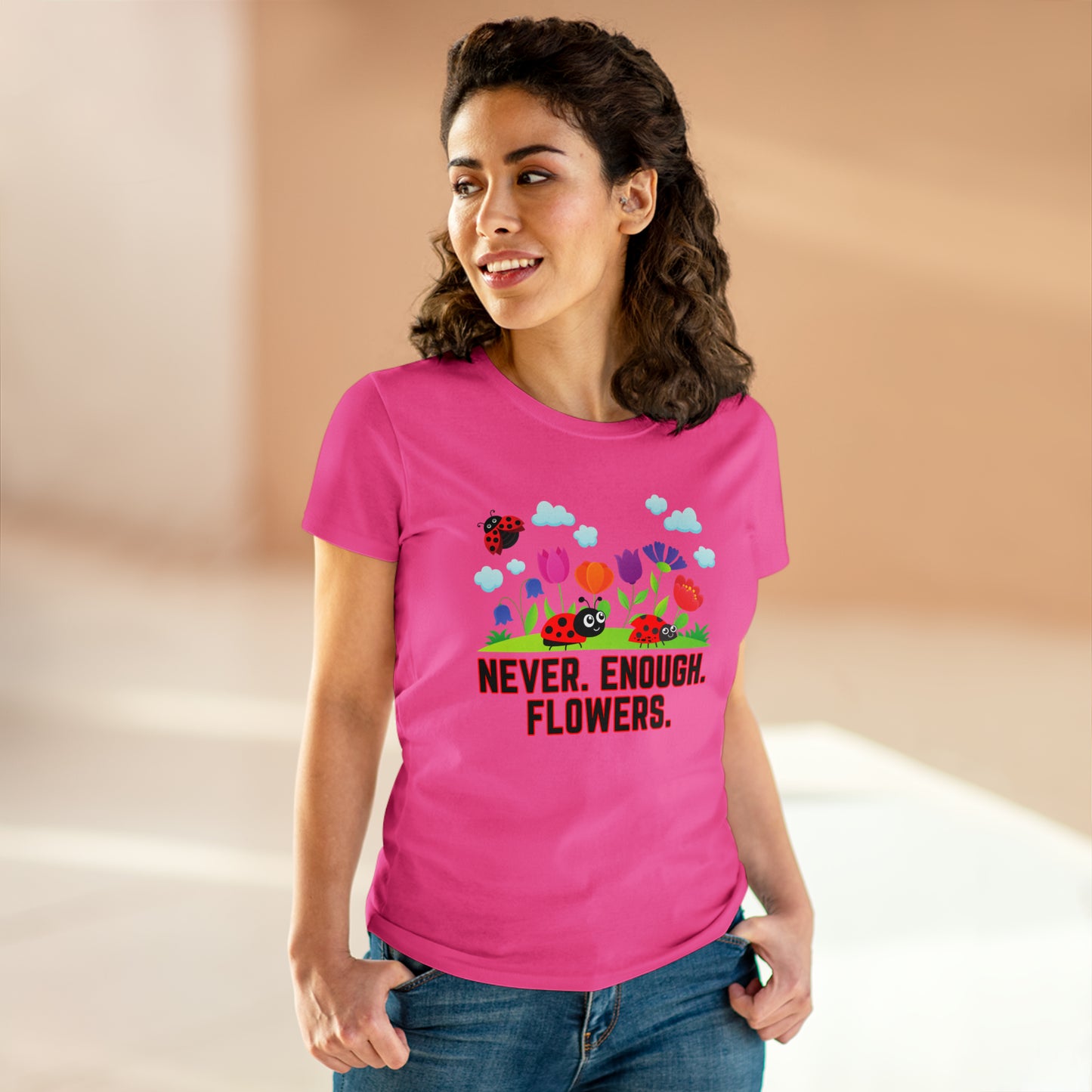 Nature, Plants, Never Enough Flowers Ladybug Bug- Adult, Semi-fitted, T-shirts