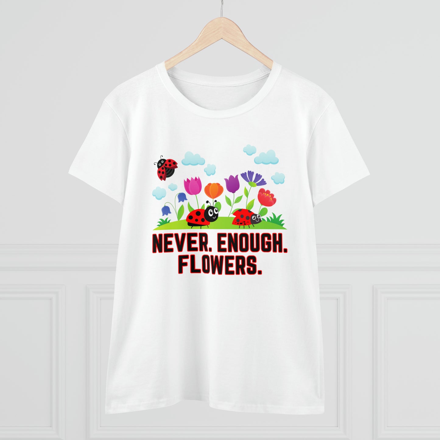 Nature, Plants, Never Enough Flowers Ladybug Bug- Adult, Semi-fitted, T-shirts